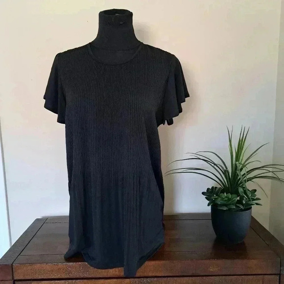Philosophy Black Pleated Top Medium Lightweight Short Flutter Sleeve - Picture 4 of 15